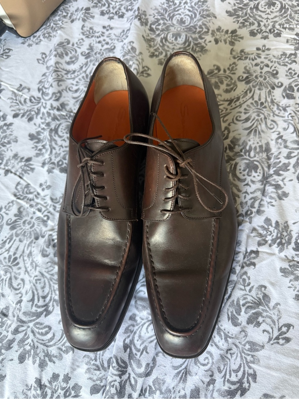 Santoni Dark Brown Leather Lace-Up Oxfords with Orange Lining